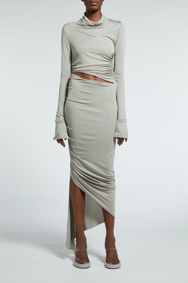 DRAPED JERSEY ASYMMETRIC MIDI DRESS