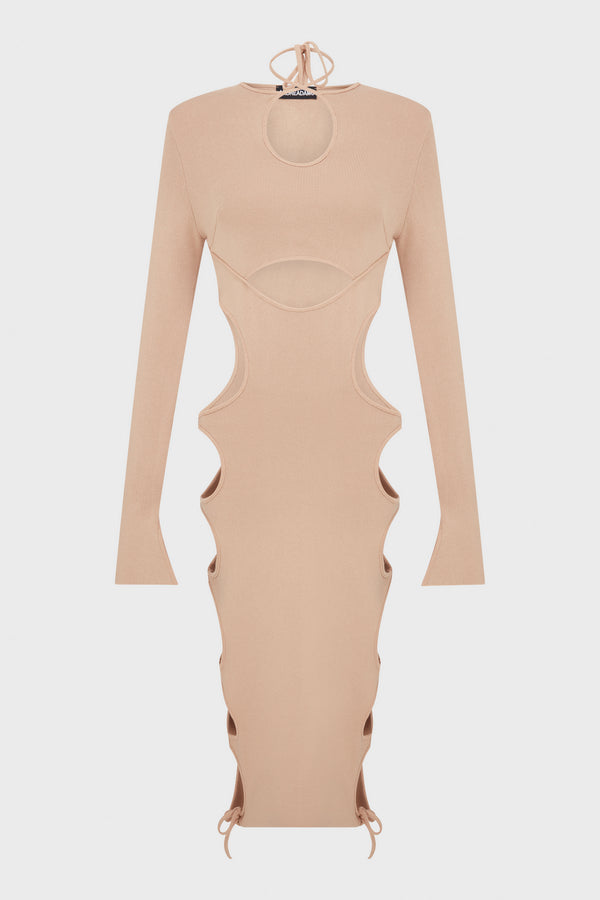 STRETCH KNIT CUT-OUT MIDI DRESS NUDE