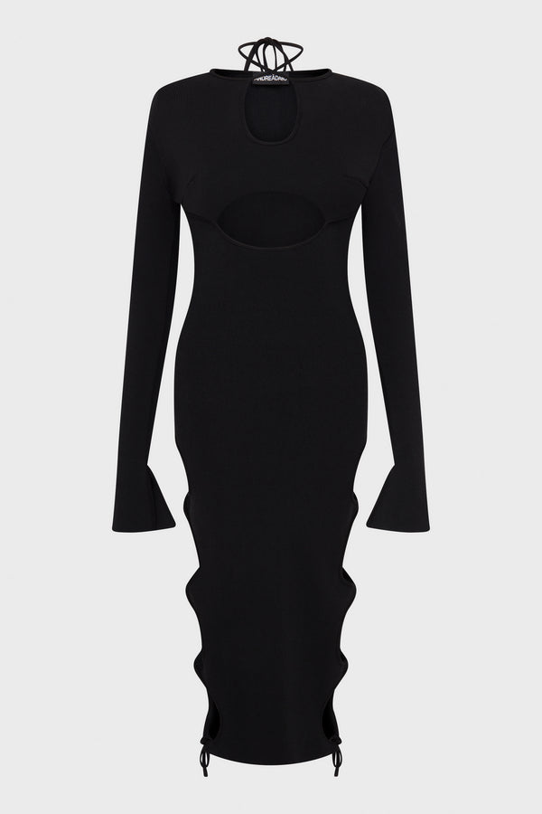 STRETCH KNIT MIDI DRESS WITH CUT-OUT SKI BLACK