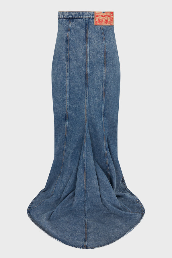 MAXI DENIM SKIRT BLUE ACID WASHED